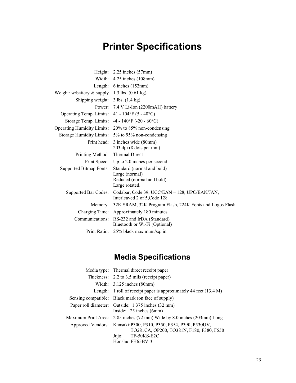 Printer specifications, Media specifications, Printer specifications l | Printek Mt3-II Series User Manual | Page 29 / 34