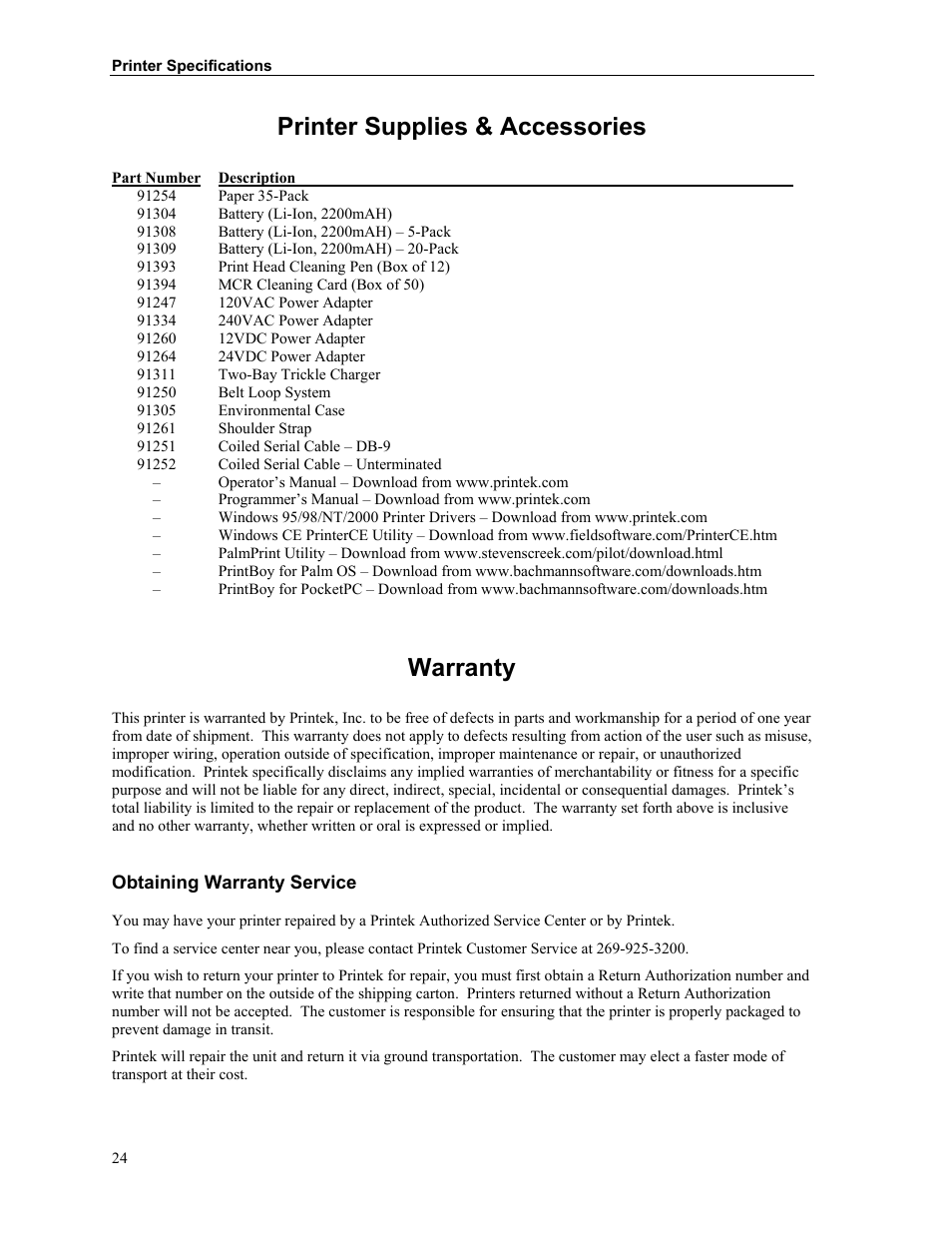 Printer supplies & accessories, Warranty | Printek Mt3-II Series User Manual | Page 30 / 34