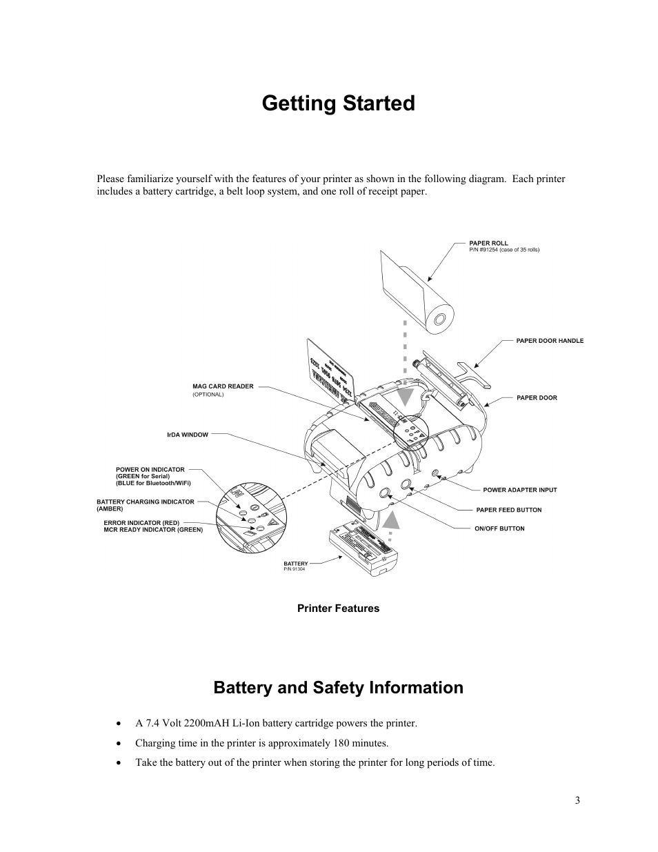 Getting started, Battery and safety information, Getting started provi | Printek Mt3-II Series User Manual | Page 9 / 34