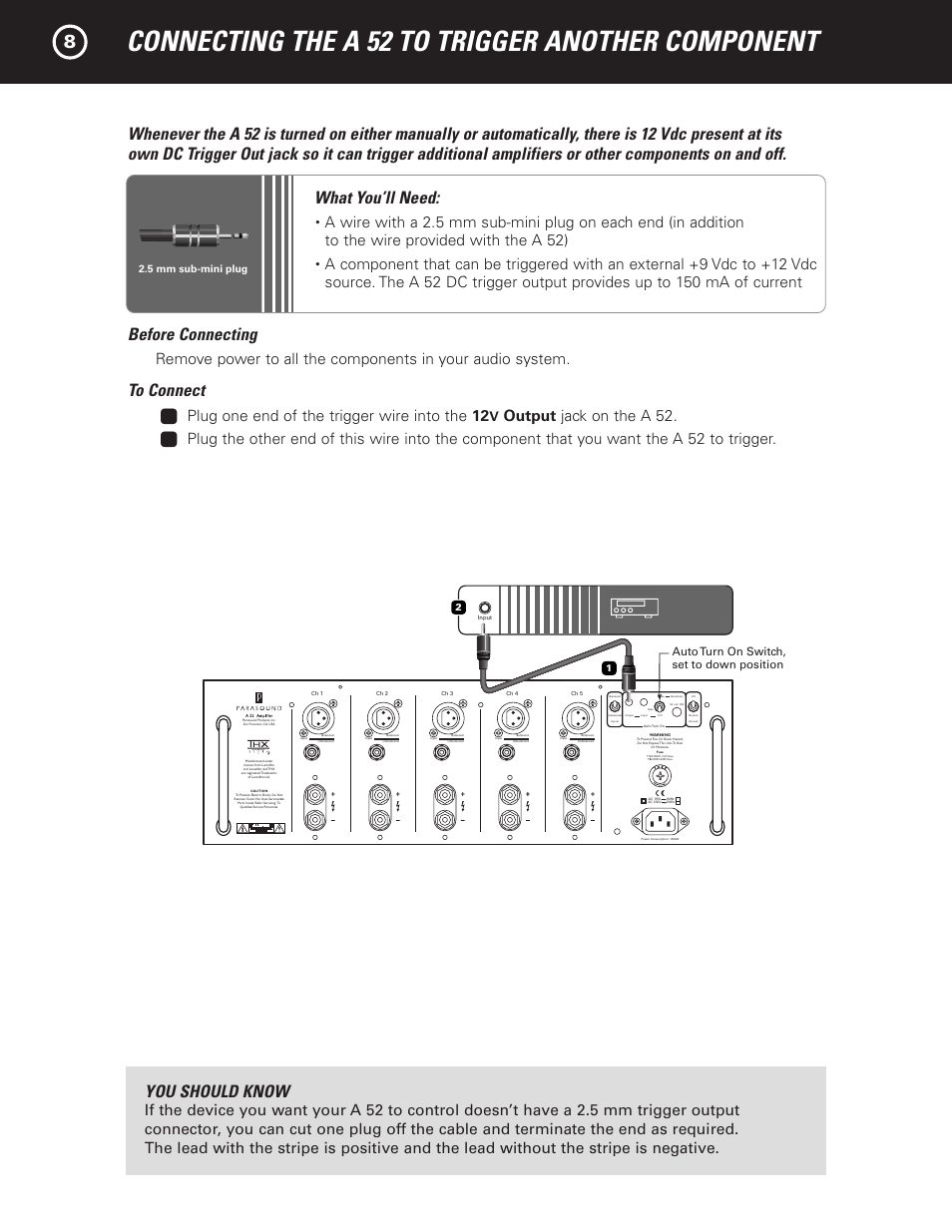 Connecting the a 52 to trigger another component, Before connecting, You should know | 1 plug one end of the trigger wire into the 12, Auto turn on switch, set to down position, Controlled component, 5 mm sub-mini plug | Parasound A 52 User Manual | Page 10 / 21