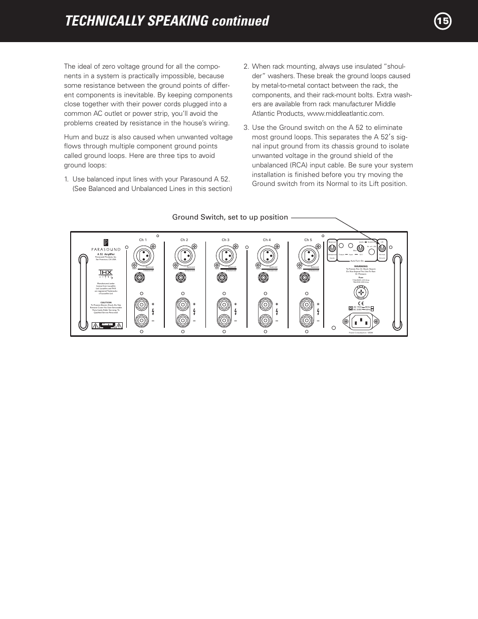 Technically speaking continued, Ground switch, set to up position | Parasound A 52 User Manual | Page 17 / 21