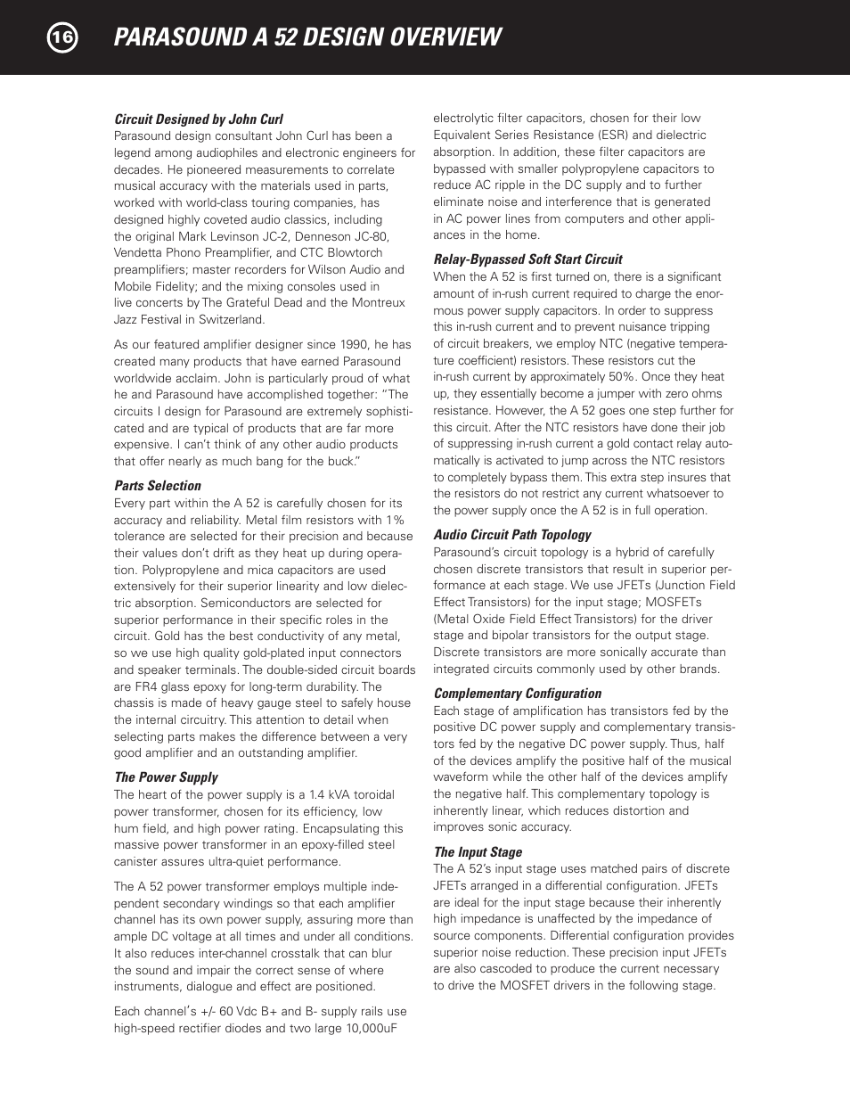 Parasound a 52 design overview | Parasound A 52 User Manual | Page 18 / 21