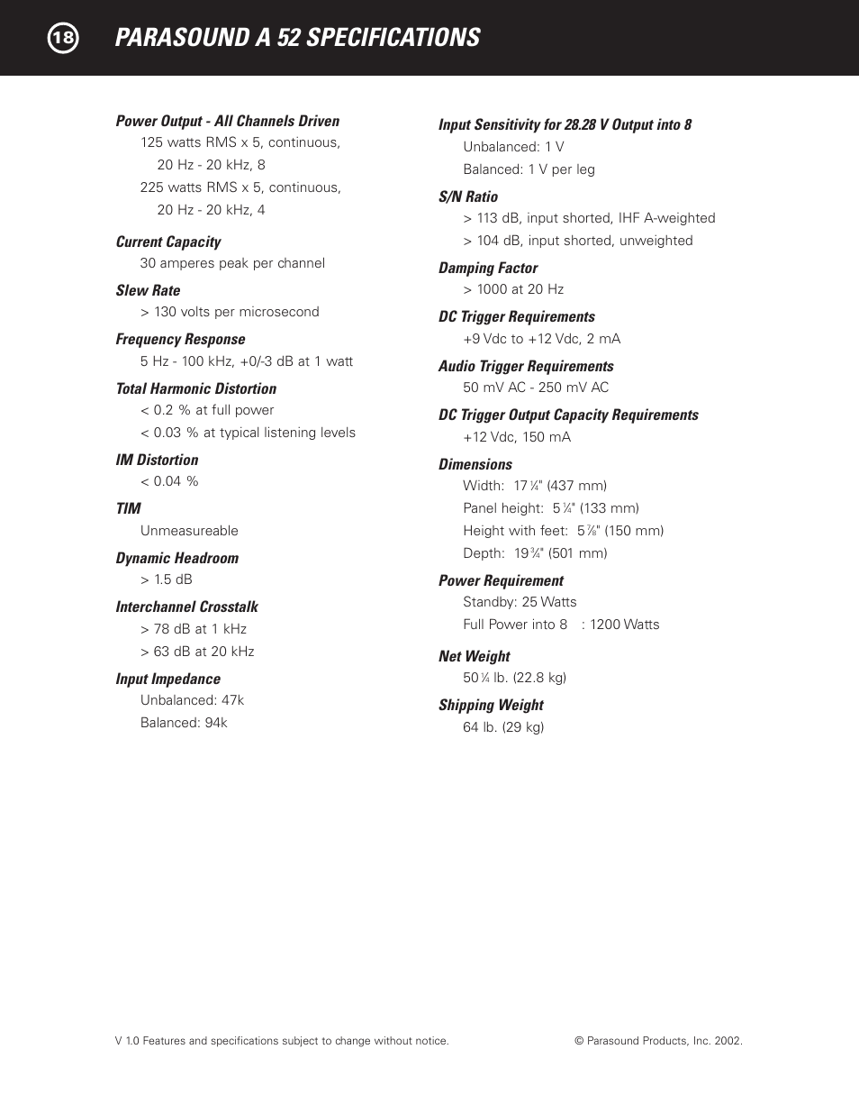 Parasound a 52 specifications | Parasound A 52 User Manual | Page 20 / 21