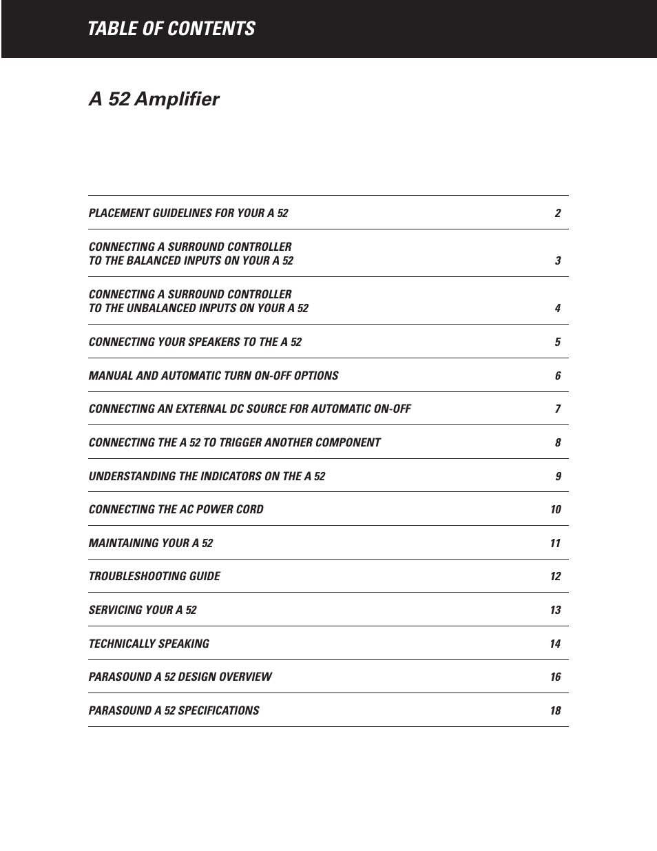 Table of contents a 52 amplifier | Parasound A 52 User Manual | Page 3 / 21