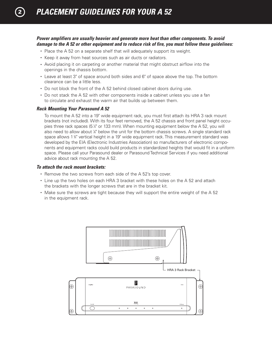 Placement guidelines for your a 52, Rack mounting your parasound a 52 | Parasound A 52 User Manual | Page 4 / 21