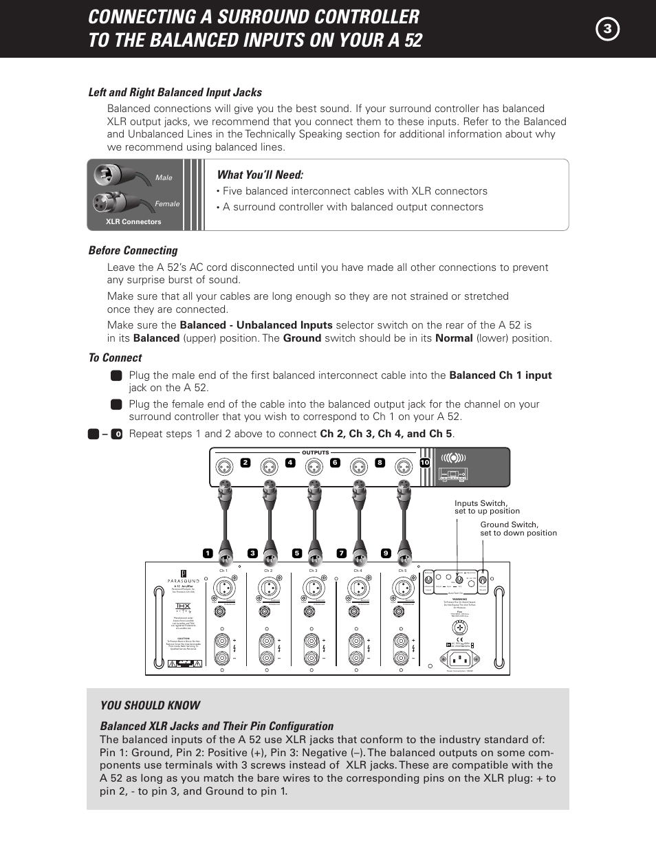 Left and right balanced input jacks, What you’ll need, Before connecting | Parasound A 52 User Manual | Page 5 / 21