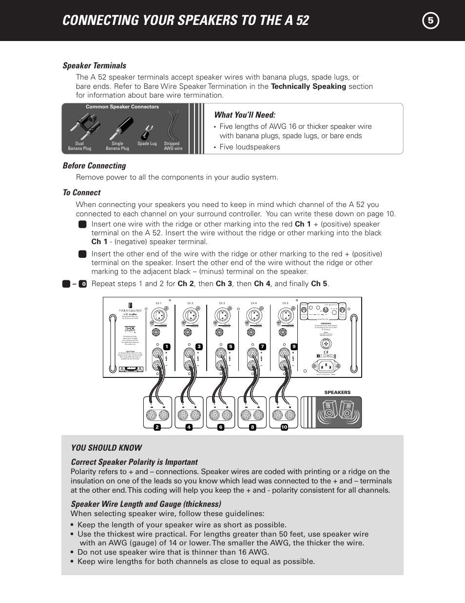 Connecting your speakers to the a 52, Speaker terminals, What you’ll need | Before connecting, Speaker wire length and gauge (thickness), Five loudspeakers | Parasound A 52 User Manual | Page 7 / 21