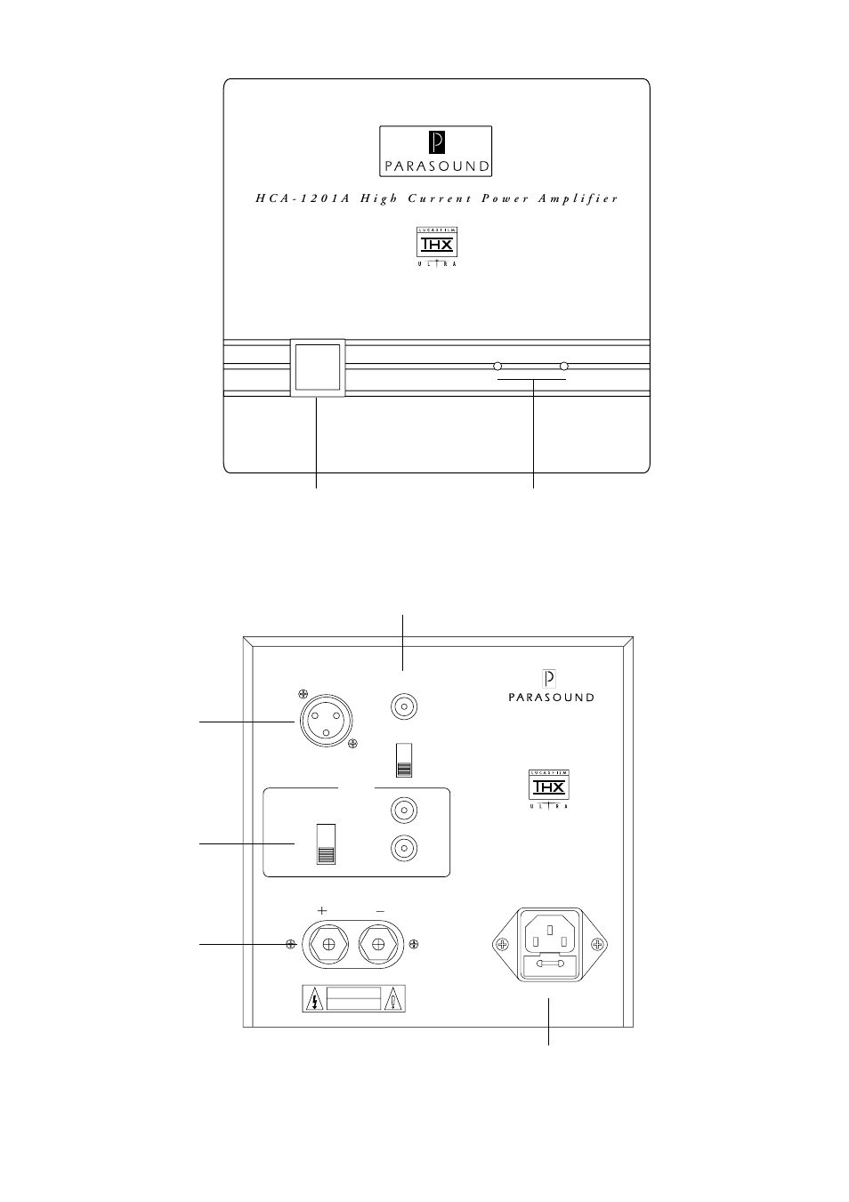 Hca-1201a front panel, Hca-1201a rear panel | Parasound HCA-1201A User Manual | Page 4 / 10