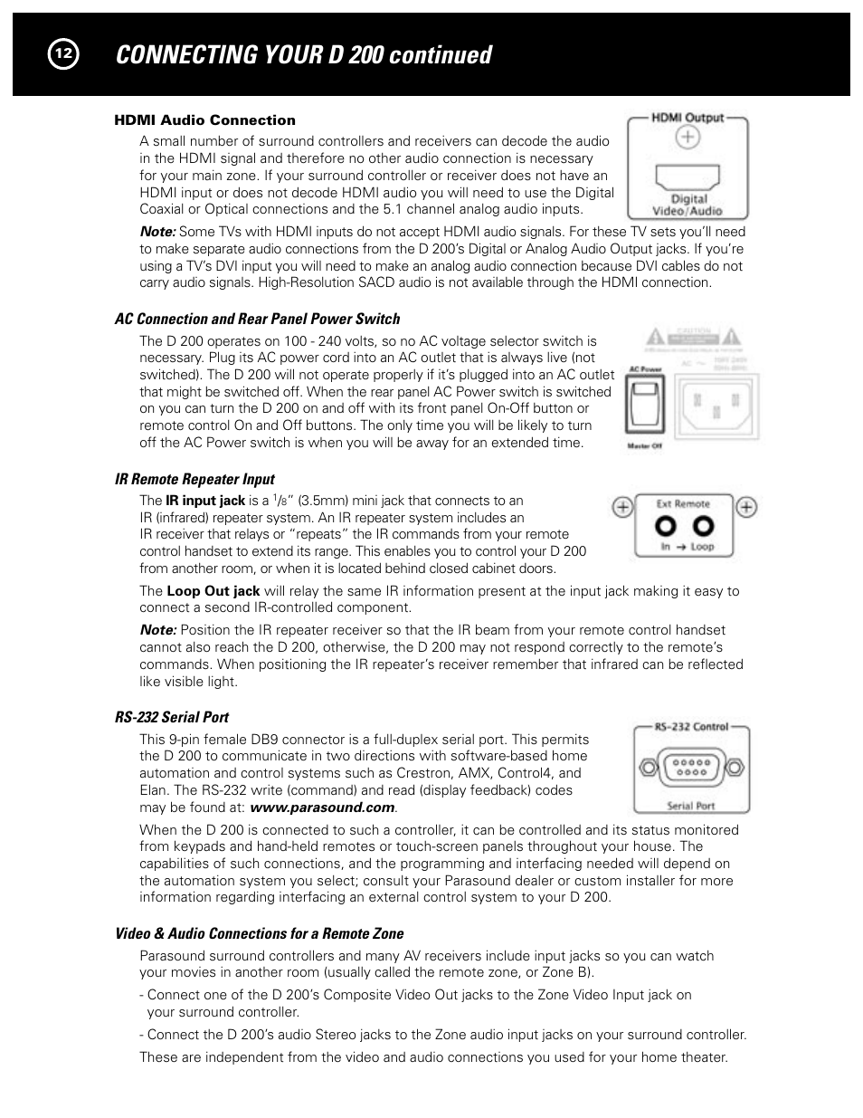 Connecting your d 200 continued | Parasound Model D 200 User Manual | Page 12 / 36