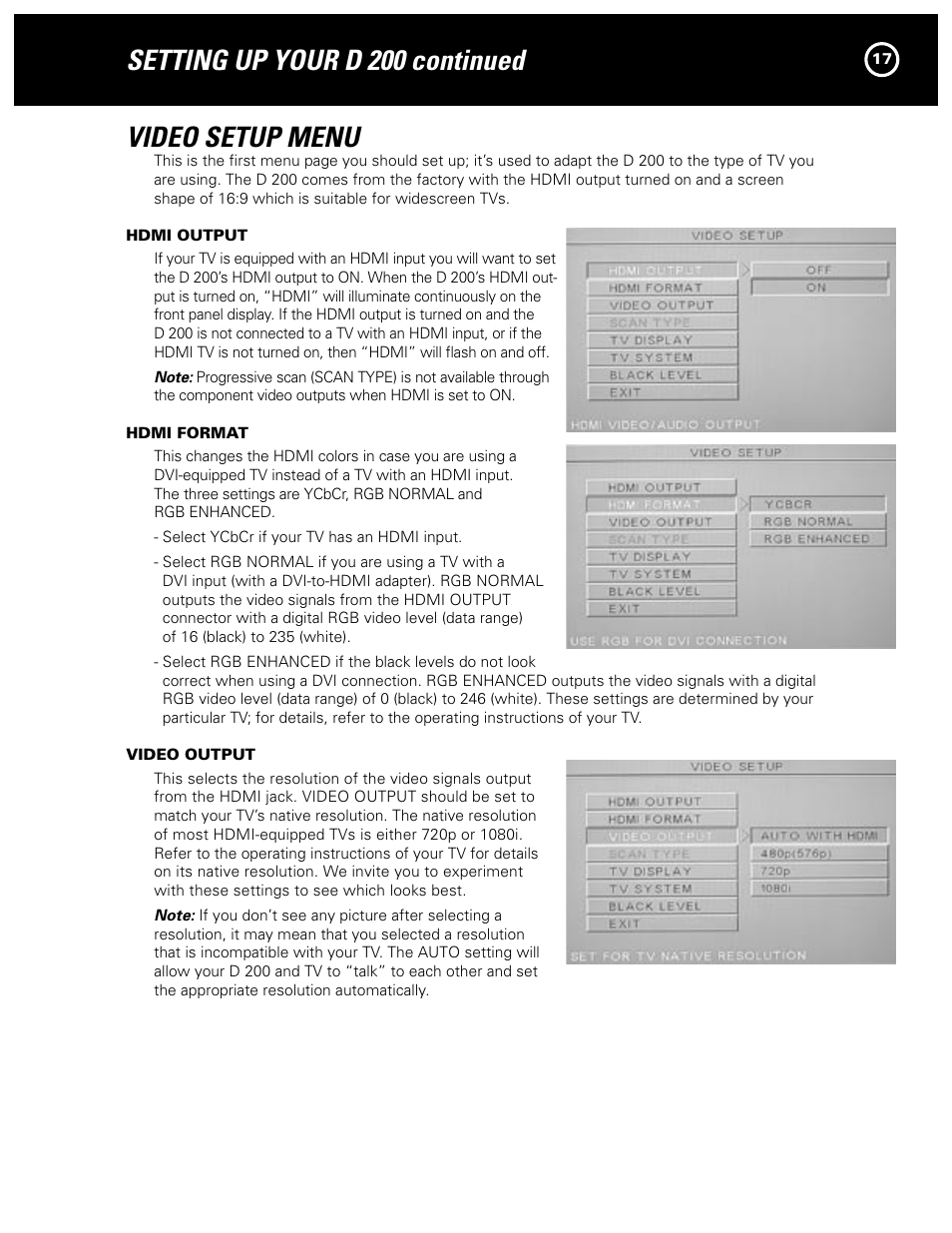 Video setup menu, Setting up your d 200 continued | Parasound Model D 200 User Manual | Page 17 / 36