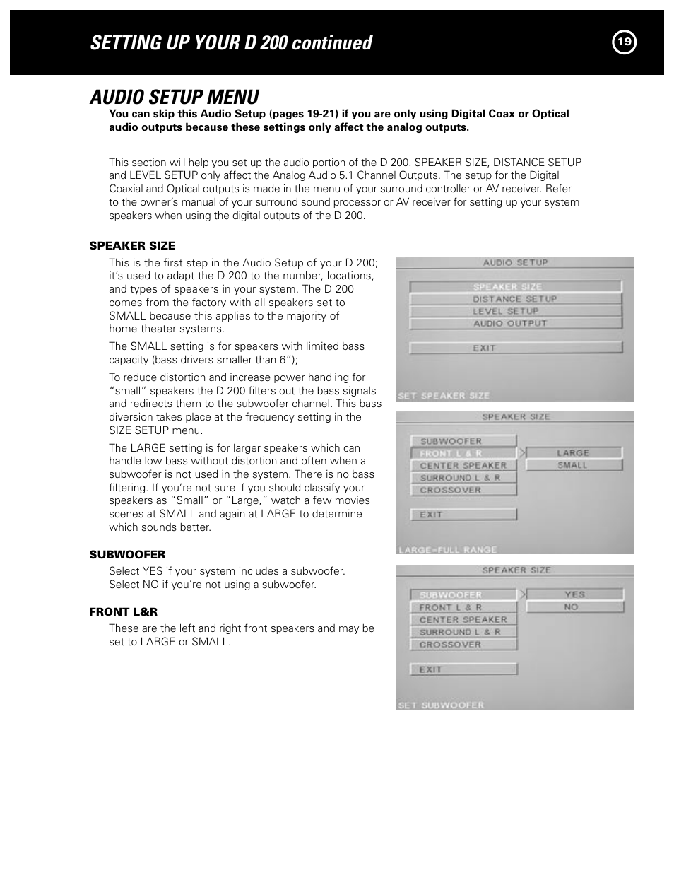 Setting up your d 200 continued audio setup menu | Parasound Model D 200 User Manual | Page 19 / 36