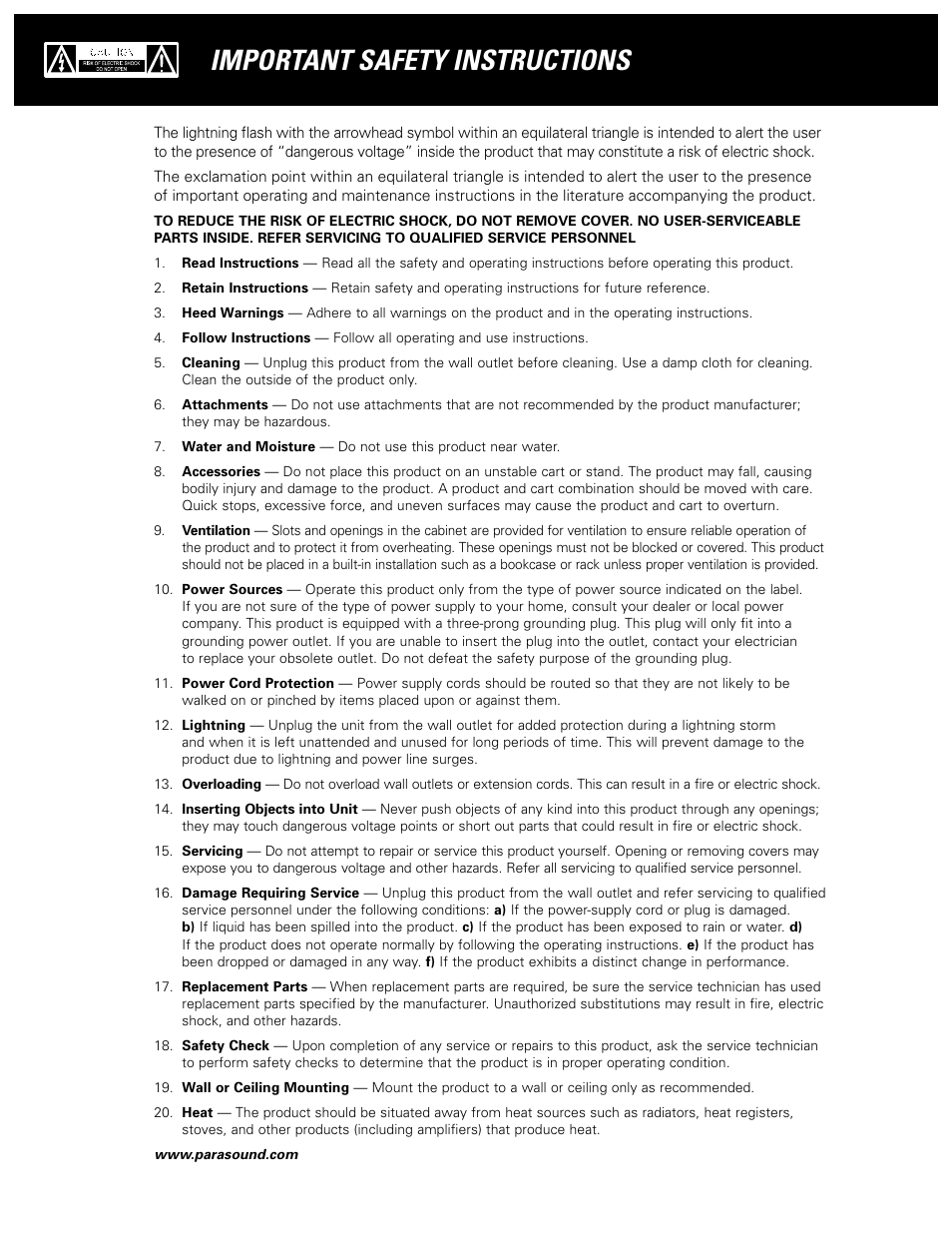 Important safety instructions | Parasound Model D 200 User Manual | Page 2 / 36