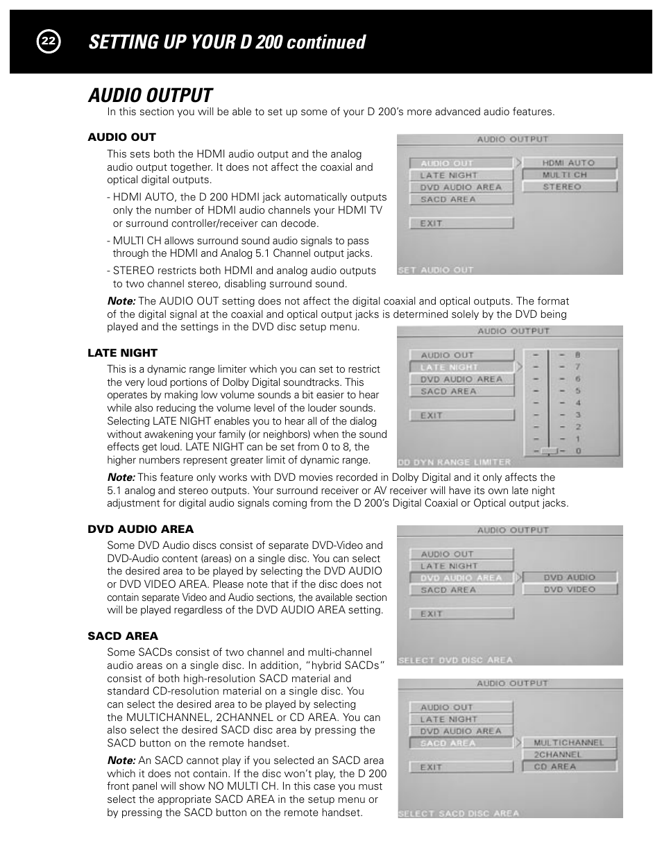 Setting up your d 200 continued audio output | Parasound Model D 200 User Manual | Page 22 / 36