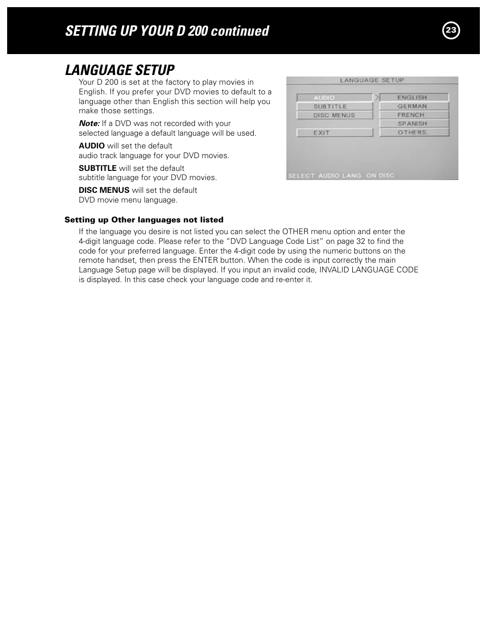 Language setup, Setting up your d 200 continued | Parasound Model D 200 User Manual | Page 23 / 36