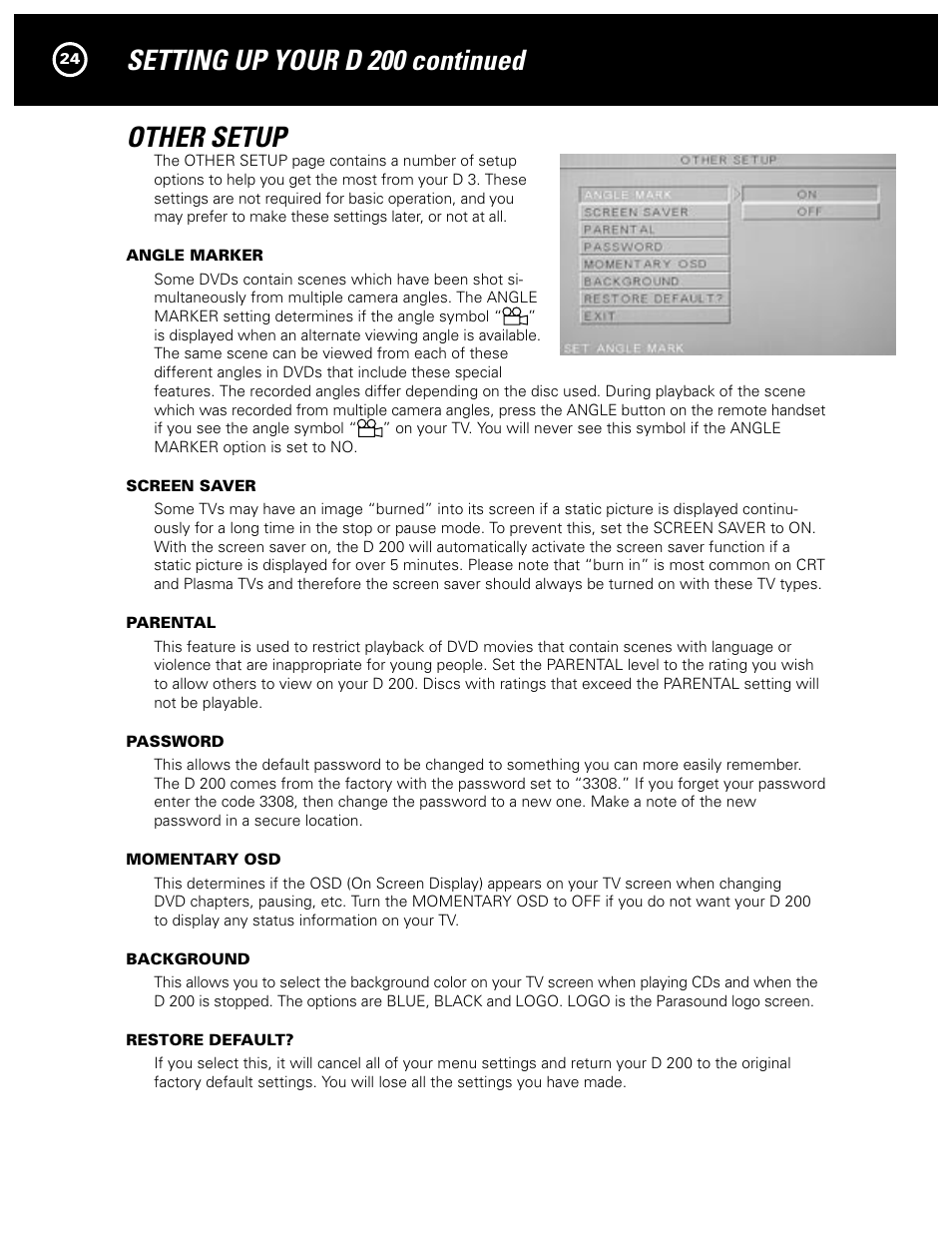 Other setup, Setting up your d 200 continued | Parasound Model D 200 User Manual | Page 24 / 36
