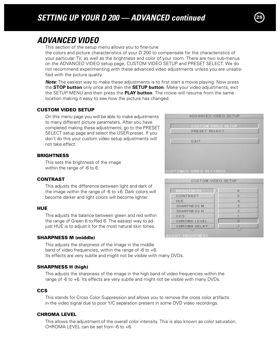 Advanced video, Setting up your d 200 — advanced continued | Parasound Model D 200 User Manual | Page 25 / 36