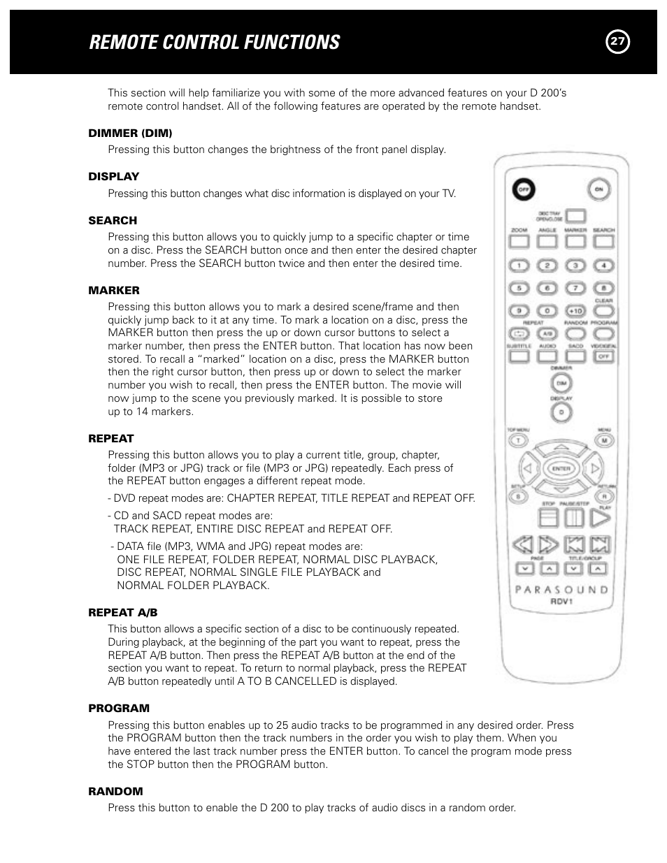 Remote control functions | Parasound Model D 200 User Manual | Page 27 / 36