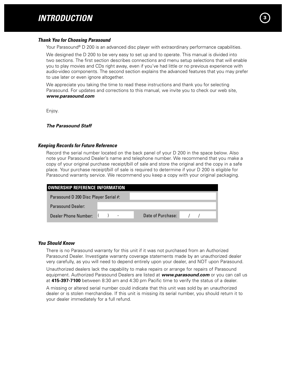 Introduction | Parasound Model D 200 User Manual | Page 3 / 36