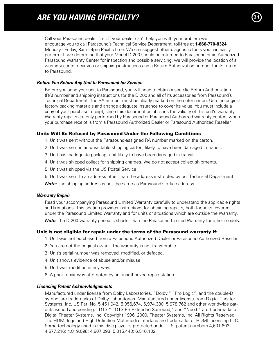 Are you having difficulty | Parasound Model D 200 User Manual | Page 31 / 36