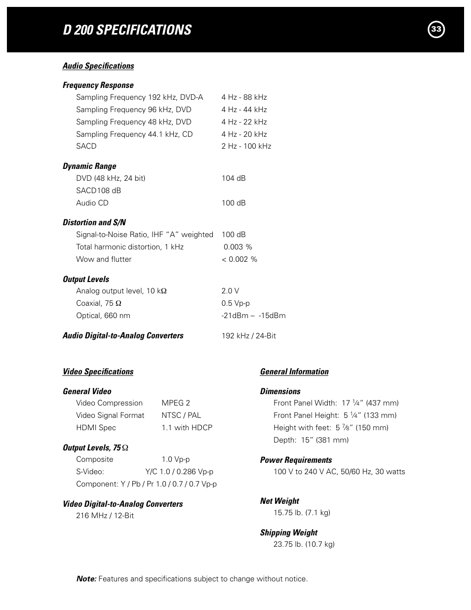 D 200 specifications | Parasound Model D 200 User Manual | Page 33 / 36