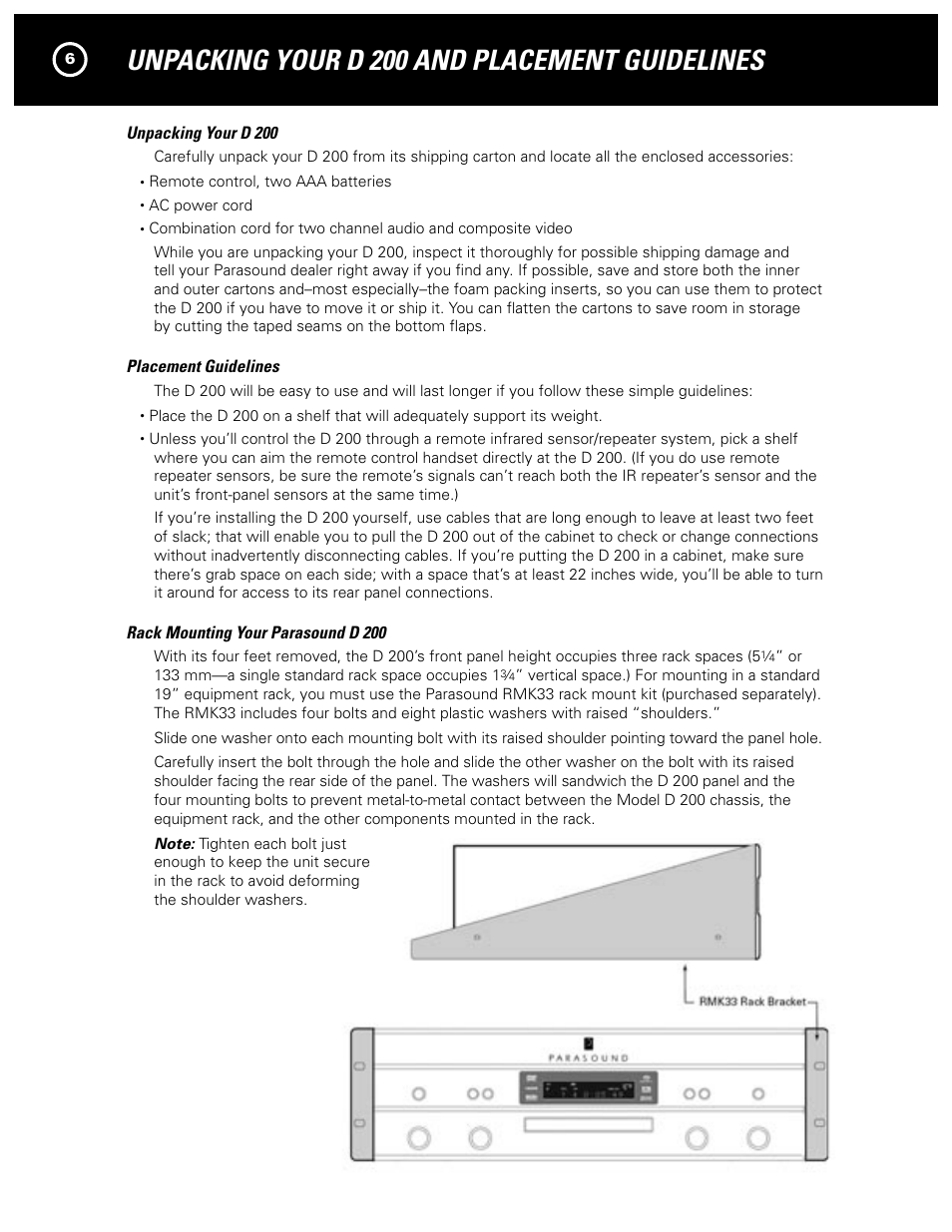 Unpacking your d 200 and placement guidelines | Parasound Model D 200 User Manual | Page 6 / 36