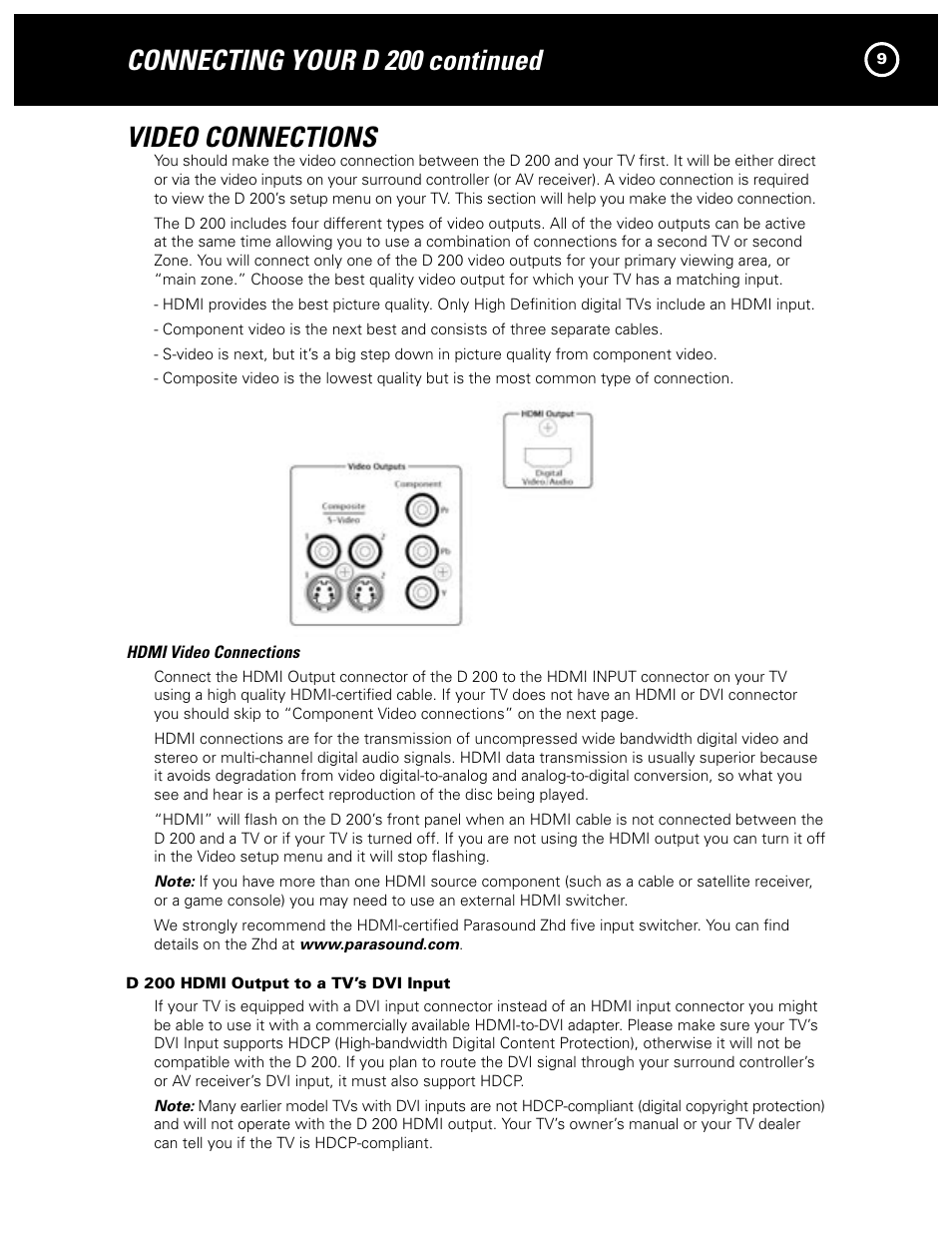 Connecting your d 200 continued video connections | Parasound Model D 200 User Manual | Page 9 / 36