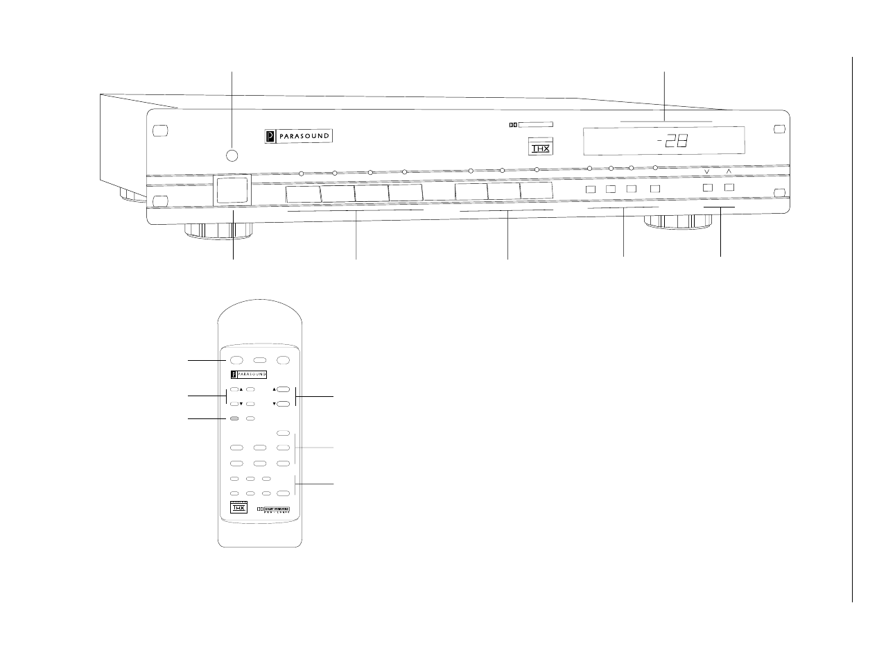 P/sp-1500 front panel and remote control | Parasound P/SP-1500 User Manual | Page 9 / 21