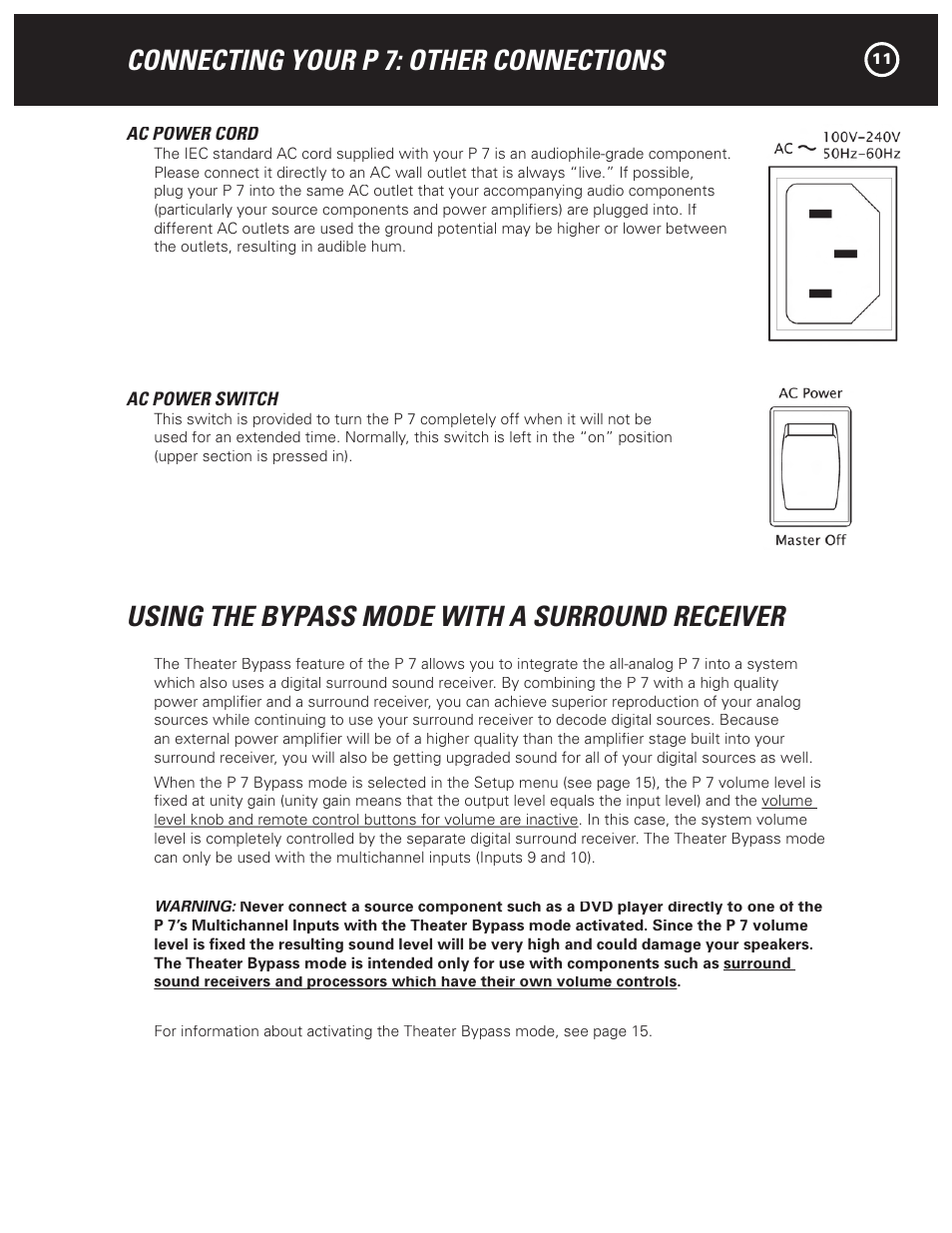 Connecting your p 7: other connections, Using the bypass mode with a surround receiver | Parasound HALO P 7 User Manual | Page 11 / 28