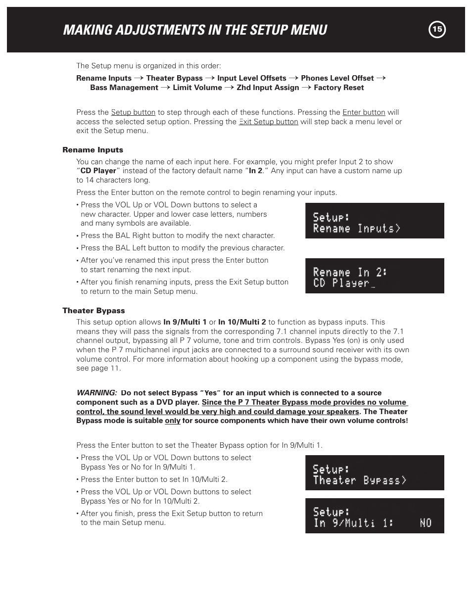 Making adjustments in the setup menu | Parasound HALO P 7 User Manual | Page 15 / 28