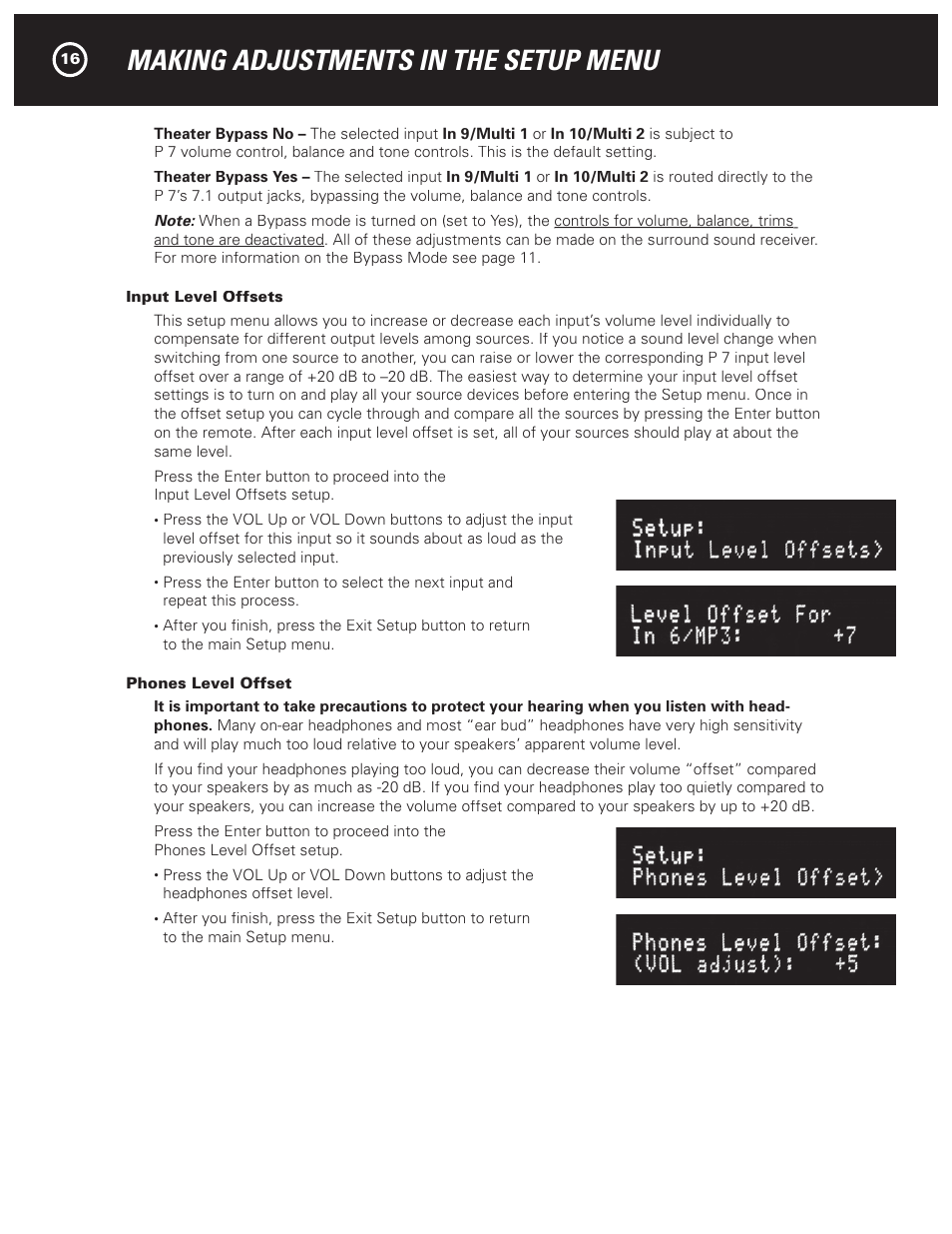 Making adjustments in the setup menu | Parasound HALO P 7 User Manual | Page 16 / 28