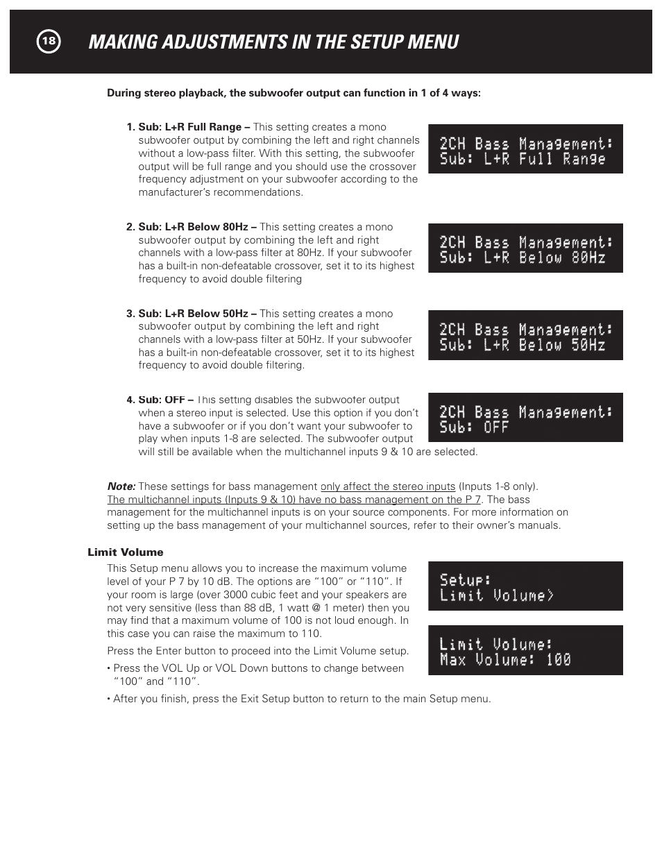 Making adjustments in the setup menu | Parasound HALO P 7 User Manual | Page 18 / 28