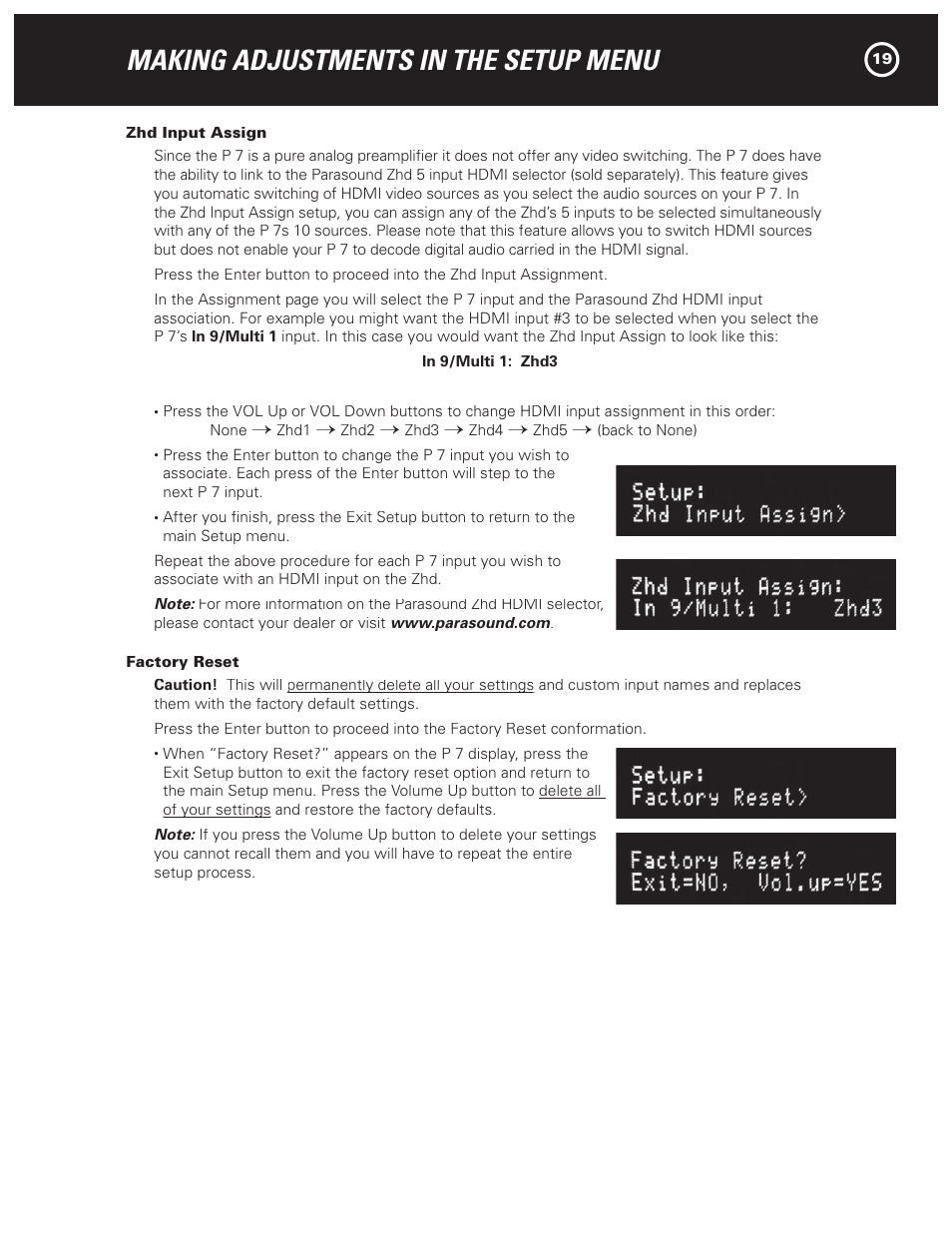 Making adjustments in the setup menu | Parasound HALO P 7 User Manual | Page 19 / 28