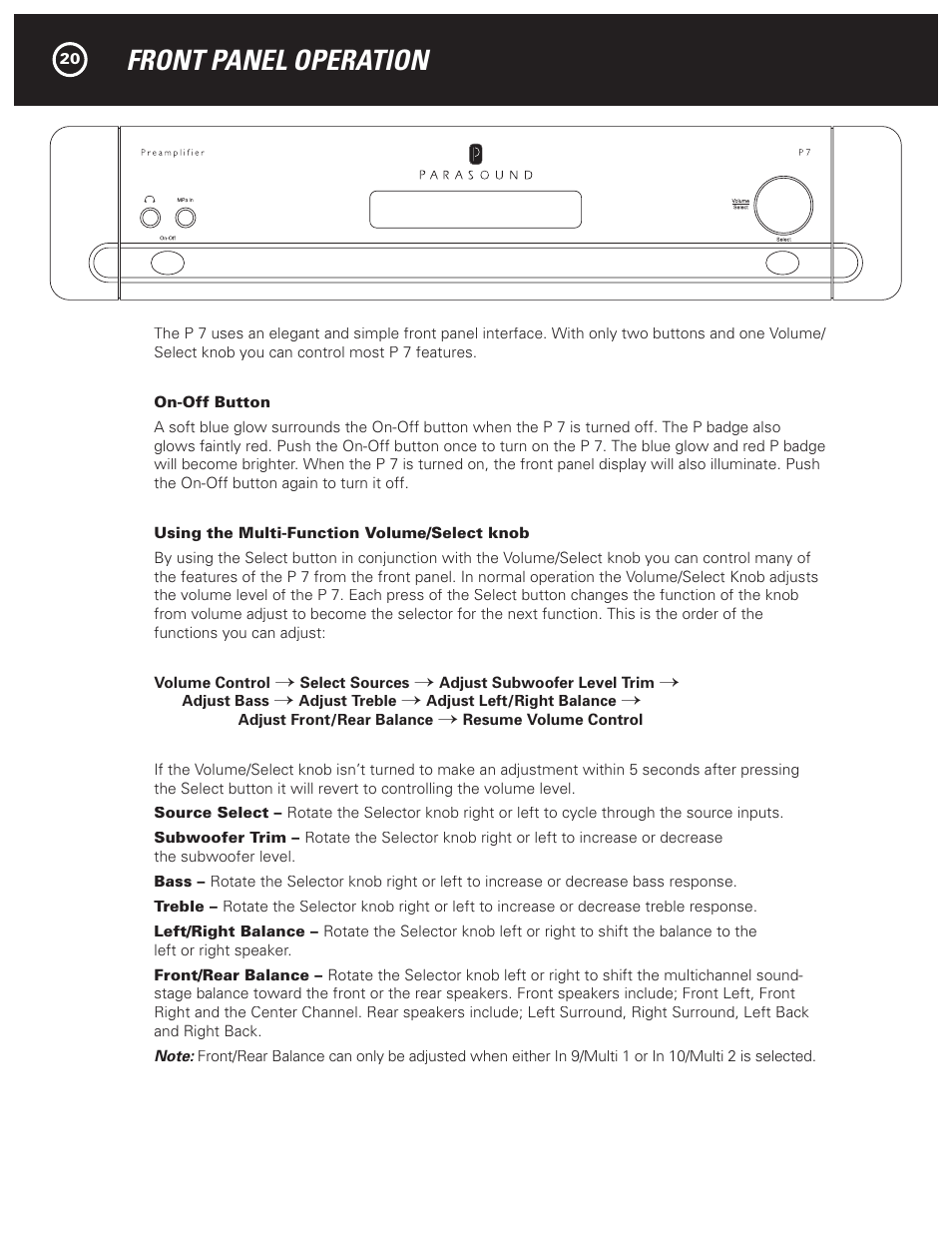 Front panel operation | Parasound HALO P 7 User Manual | Page 20 / 28