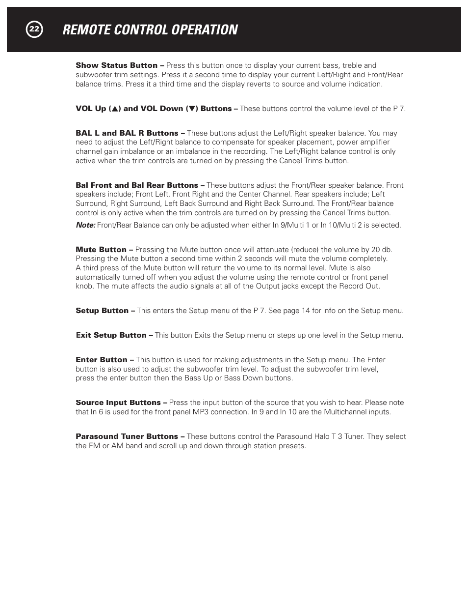 Remote control operation | Parasound HALO P 7 User Manual | Page 22 / 28