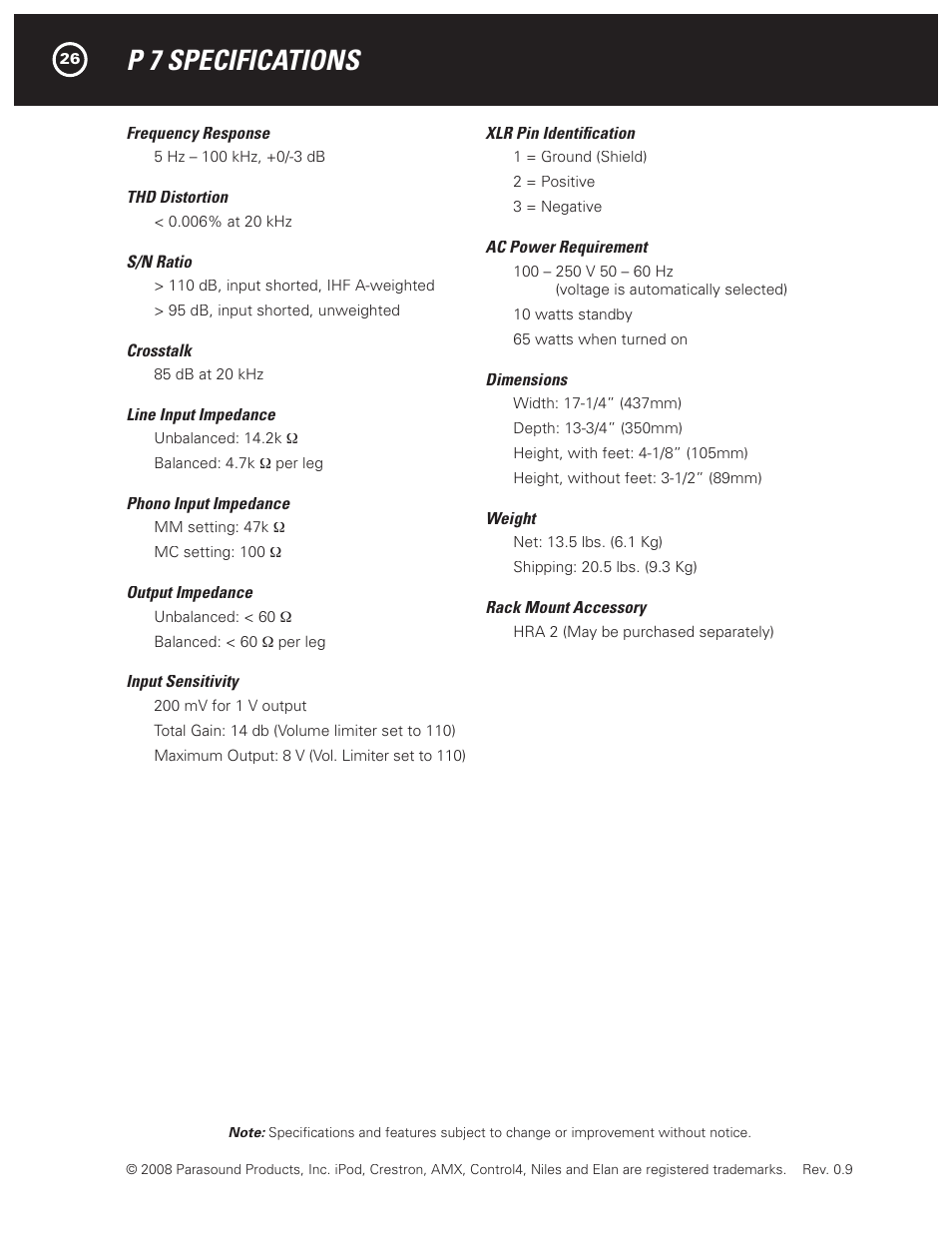 P 7 specifications | Parasound HALO P 7 User Manual | Page 26 / 28