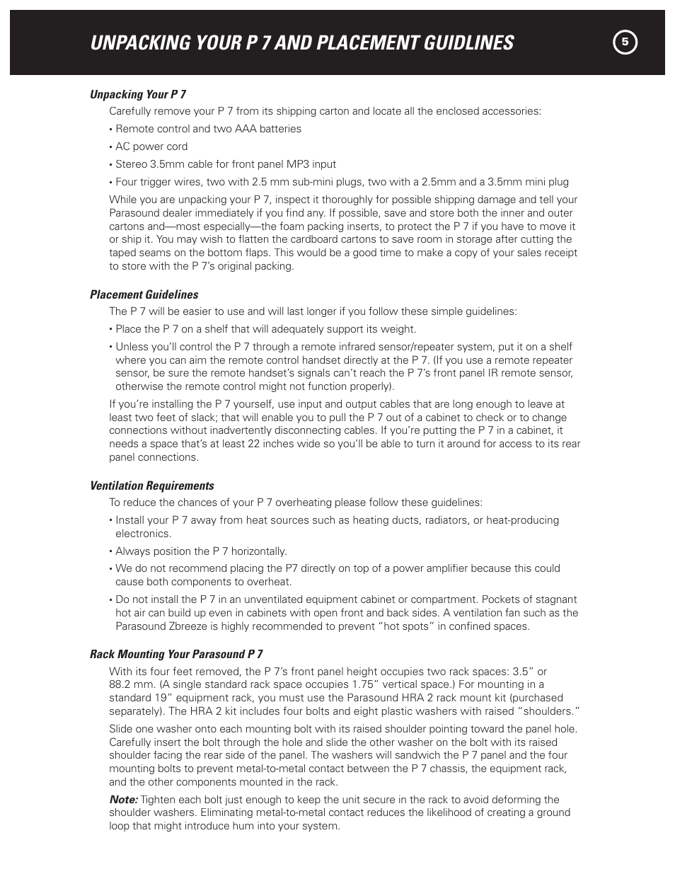 Unpacking your p 7 and placement guidlines | Parasound HALO P 7 User Manual | Page 5 / 28