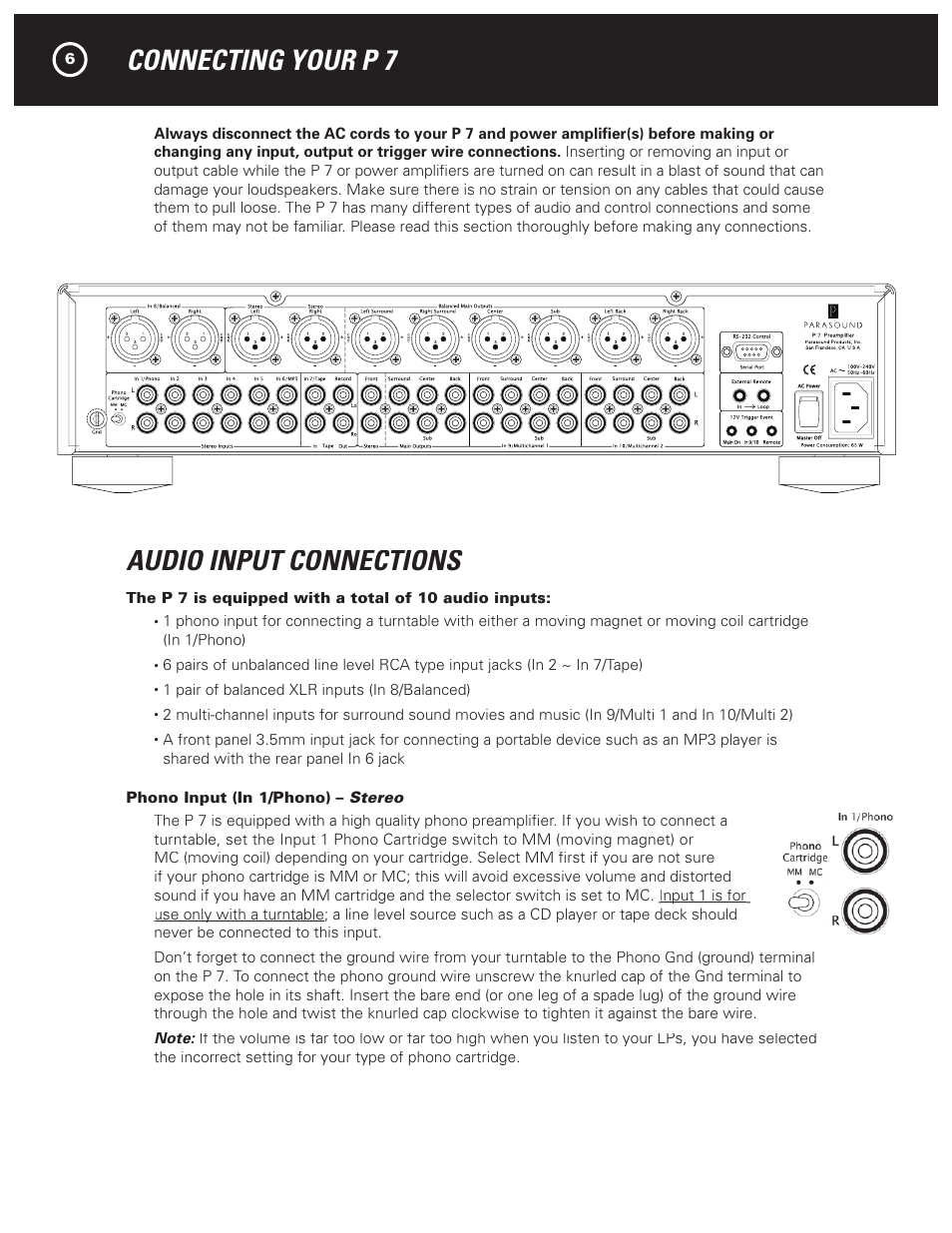 Connecting your p 7, Audio input connections | Parasound HALO P 7 User Manual | Page 6 / 28