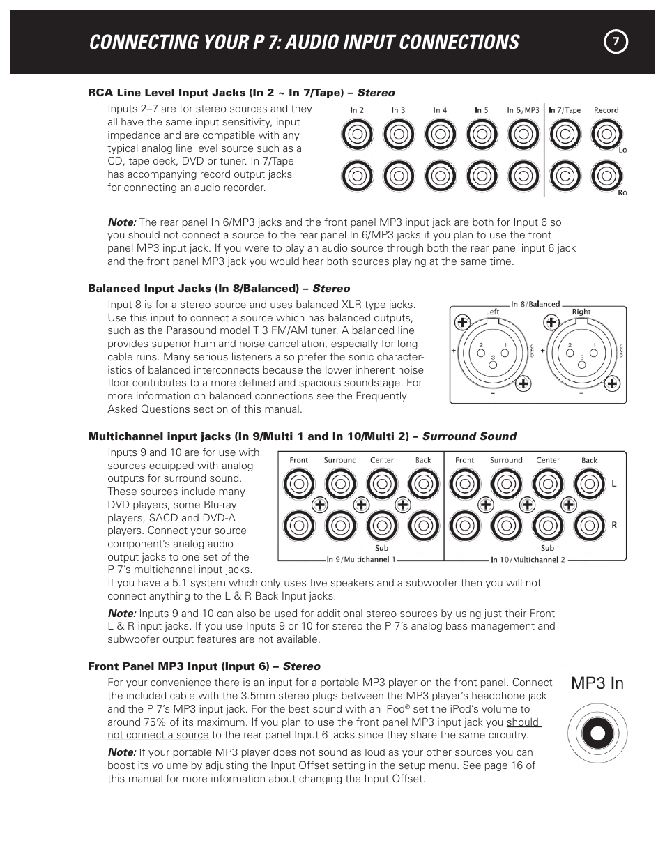 Connecting your p 7: audio input connections | Parasound HALO P 7 User Manual | Page 7 / 28