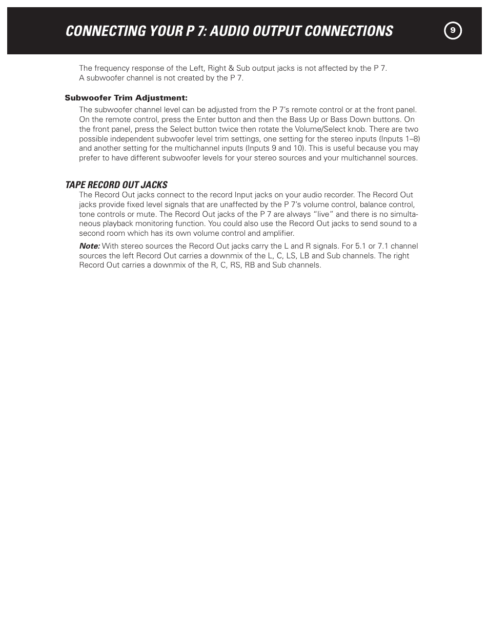 Connecting your p 7: audio output connections | Parasound HALO P 7 User Manual | Page 9 / 28