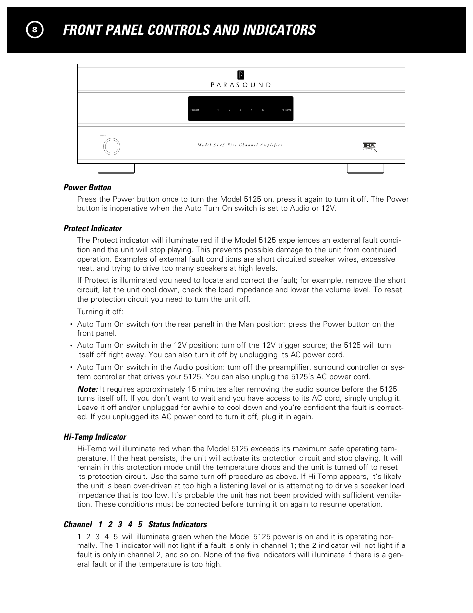 Front panel controls and indicators, Power button, Protect indicator | Hi-temp indicator | Parasound 5125 User Manual | Page 10 / 16