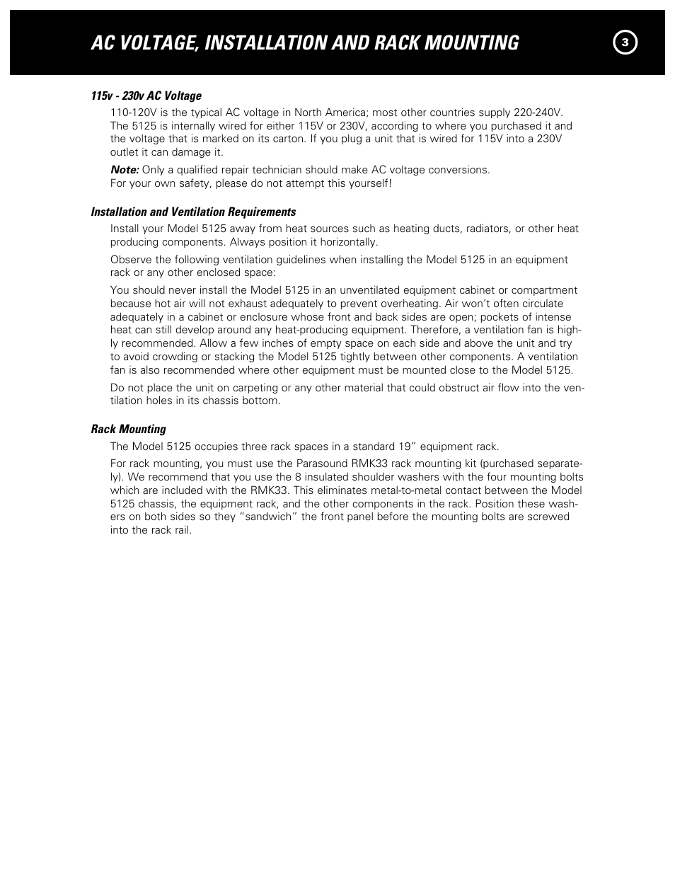 Ac voltage, installation and rack mounting | Parasound 5125 User Manual | Page 5 / 16
