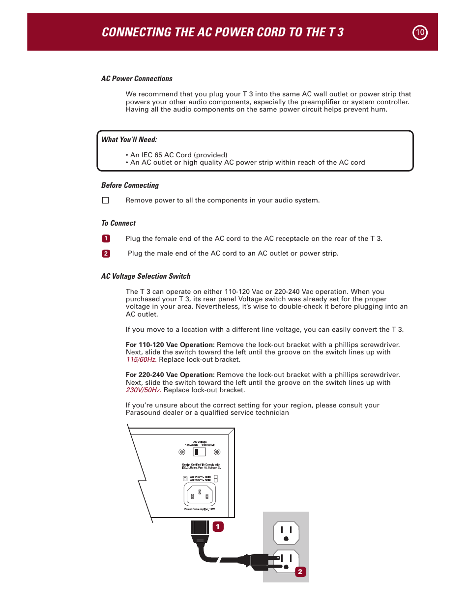 Connecting the ac power cord to the t 3 | Parasound Halo T 3 User Manual | Page 13 / 27