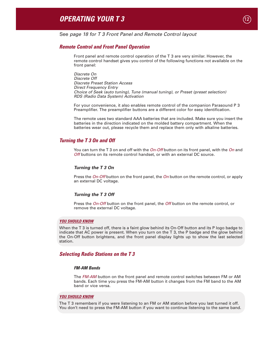 Operating your t 3 | Parasound Halo T 3 User Manual | Page 15 / 27