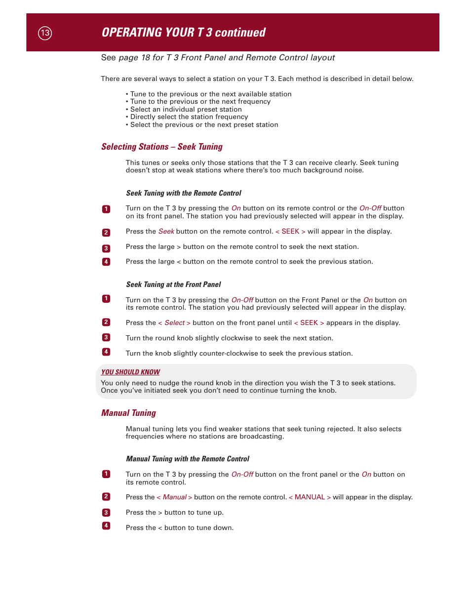 Operating your t 3 continued, Selecting stations – seek tuning, Manual tuning | Parasound Halo T 3 User Manual | Page 16 / 27