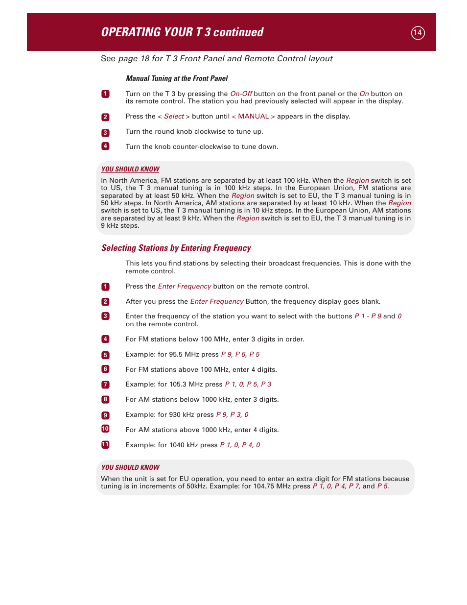 Operating your t 3 continued, Selecting stations by entering frequency | Parasound Halo T 3 User Manual | Page 17 / 27