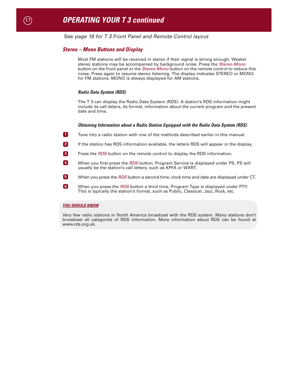 Operating your t 3 continued, Stereo – mono buttons and display | Parasound Halo T 3 User Manual | Page 20 / 27