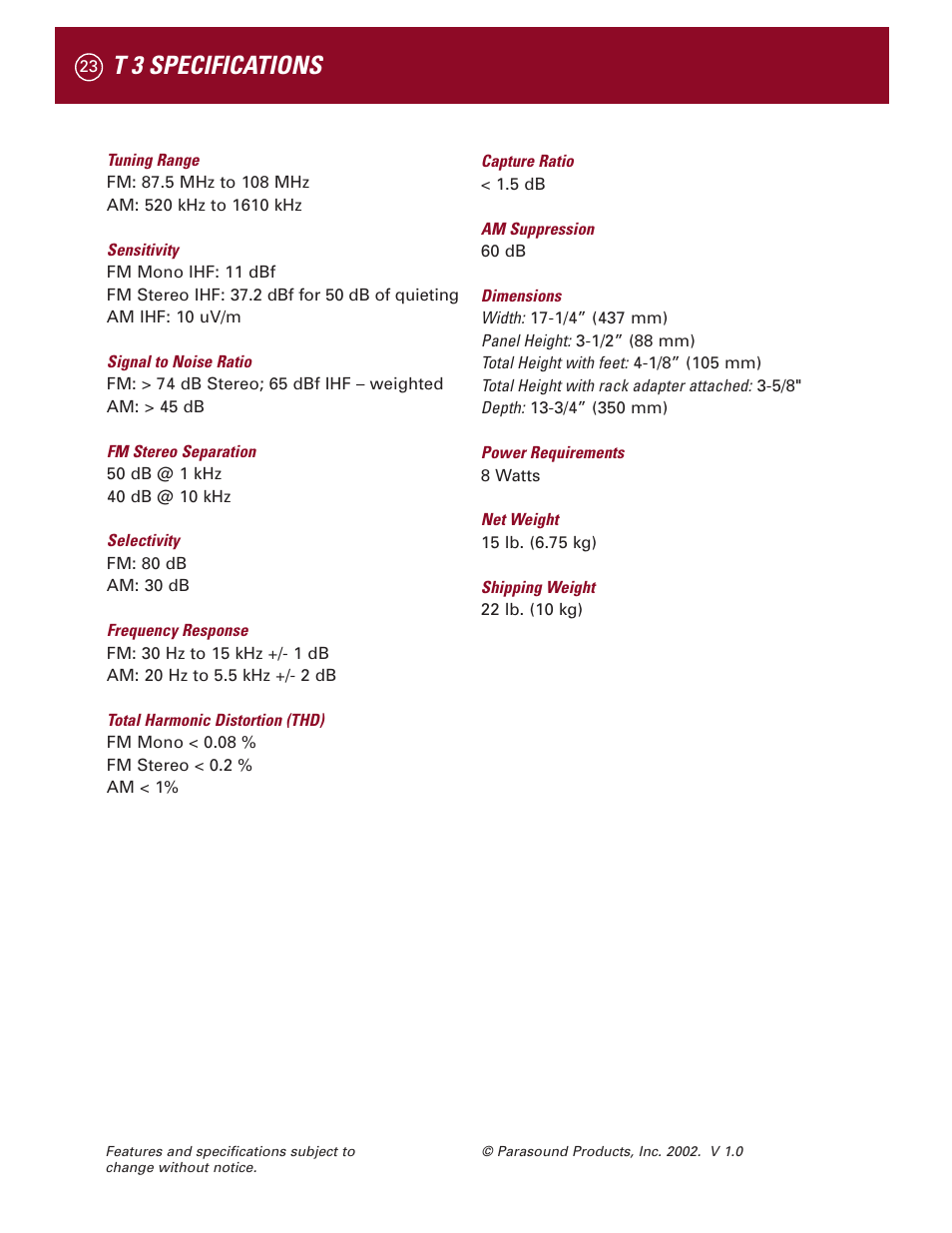 T 3 specifications | Parasound Halo T 3 User Manual | Page 26 / 27