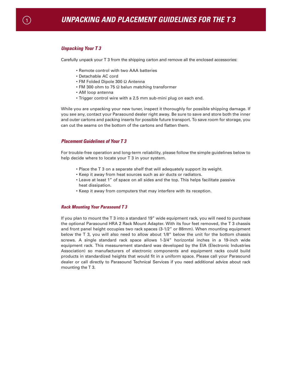 Unpacking and placement guidelines for the t 3 | Parasound Halo T 3 User Manual | Page 4 / 27