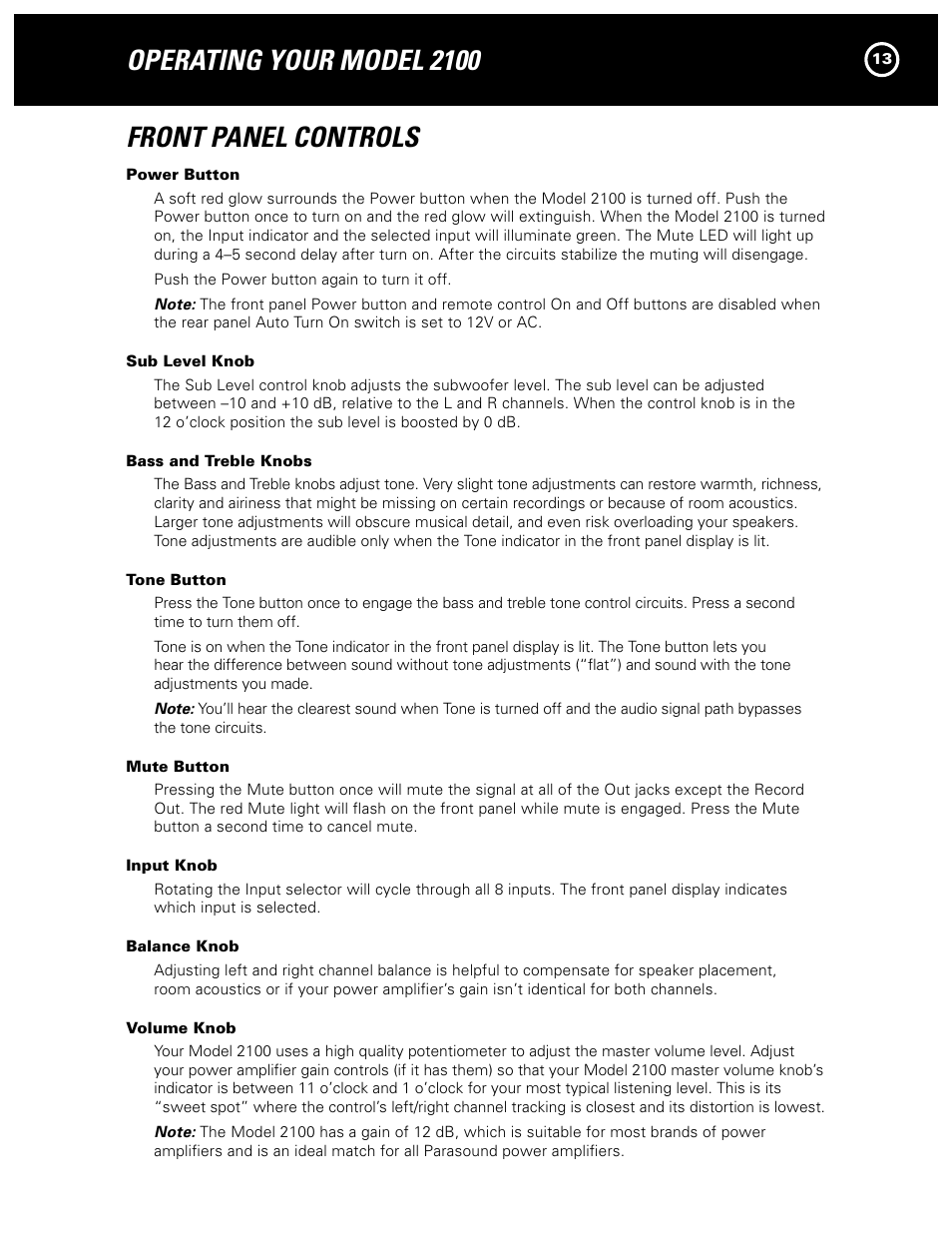 Operating your model 2100 front panel controls | Parasound NEW CLASSIC 2100 User Manual | Page 13 / 20