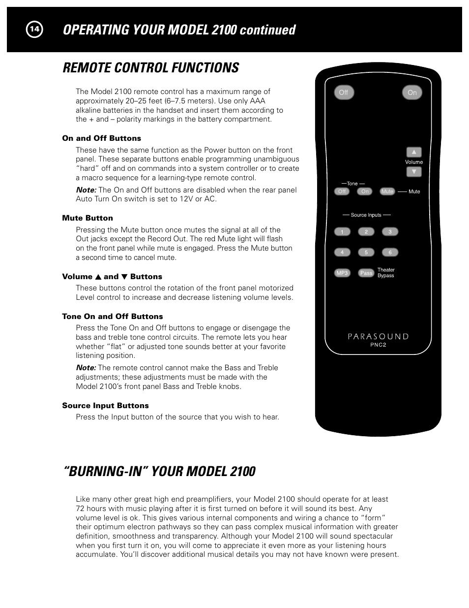 Burning-in” your model 2100 | Parasound NEW CLASSIC 2100 User Manual | Page 14 / 20